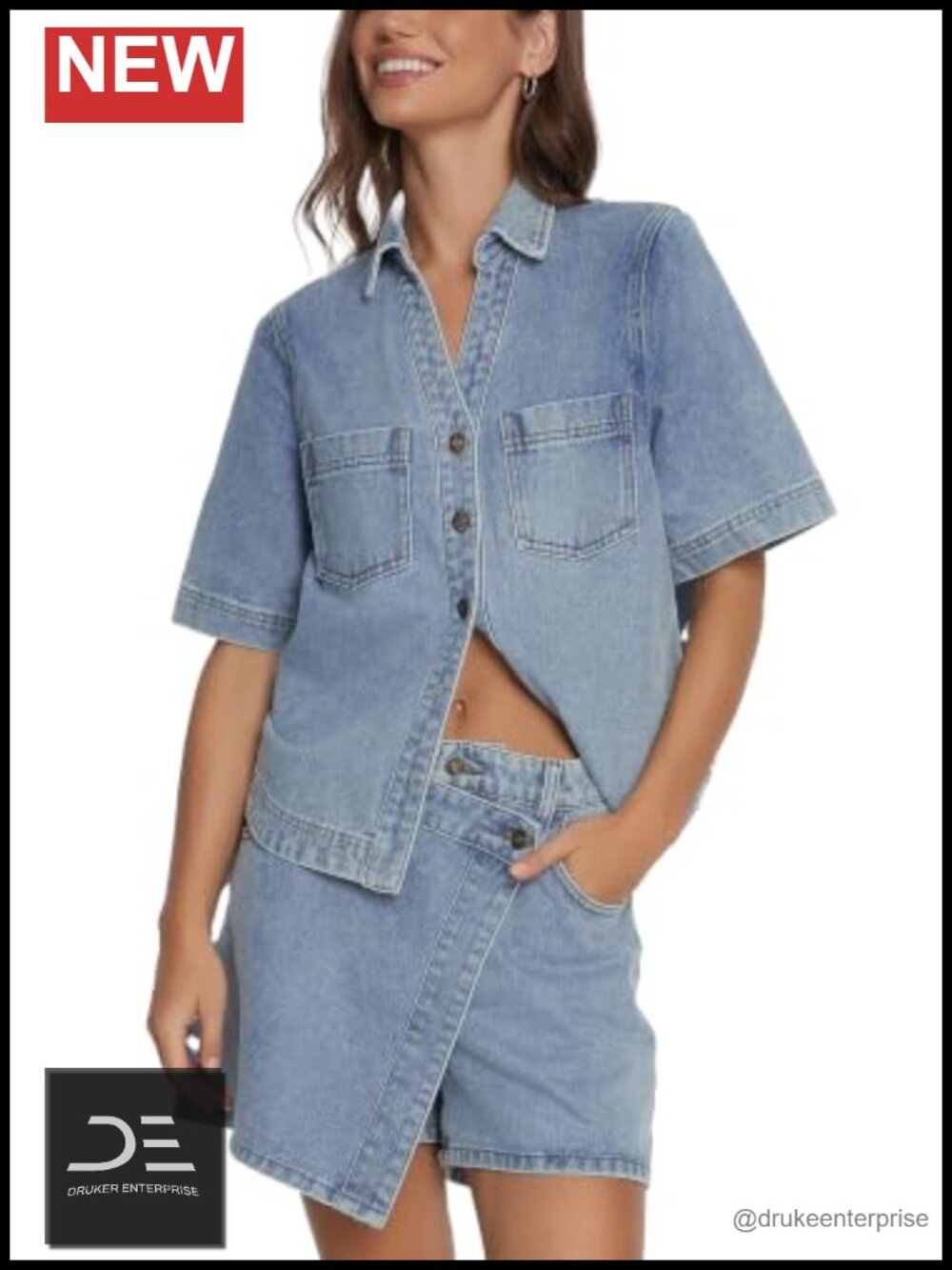 Denim 2-Piece Set Short Sleeve V-Neck Button Down Top with Jean Shorts